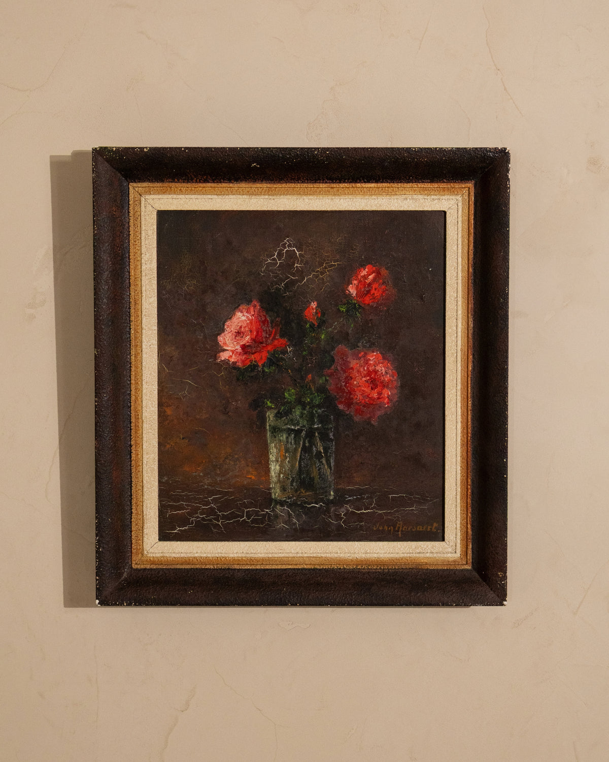 Vintage Dutch Still Life with Red Flowers, Signed