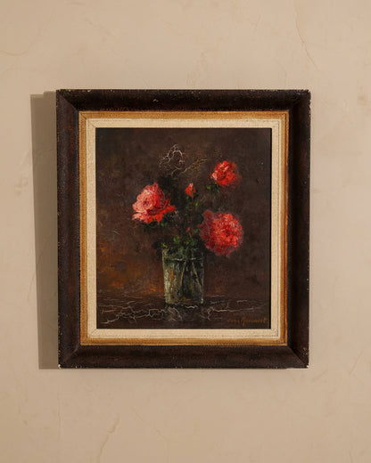 Vintage Dutch Still Life with Red Flowers, Signed