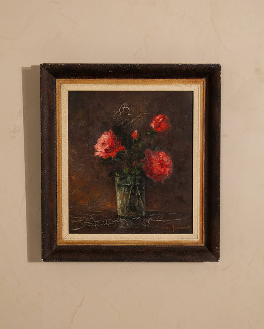 Vintage Dutch Still Life with Red Flowers, Signed