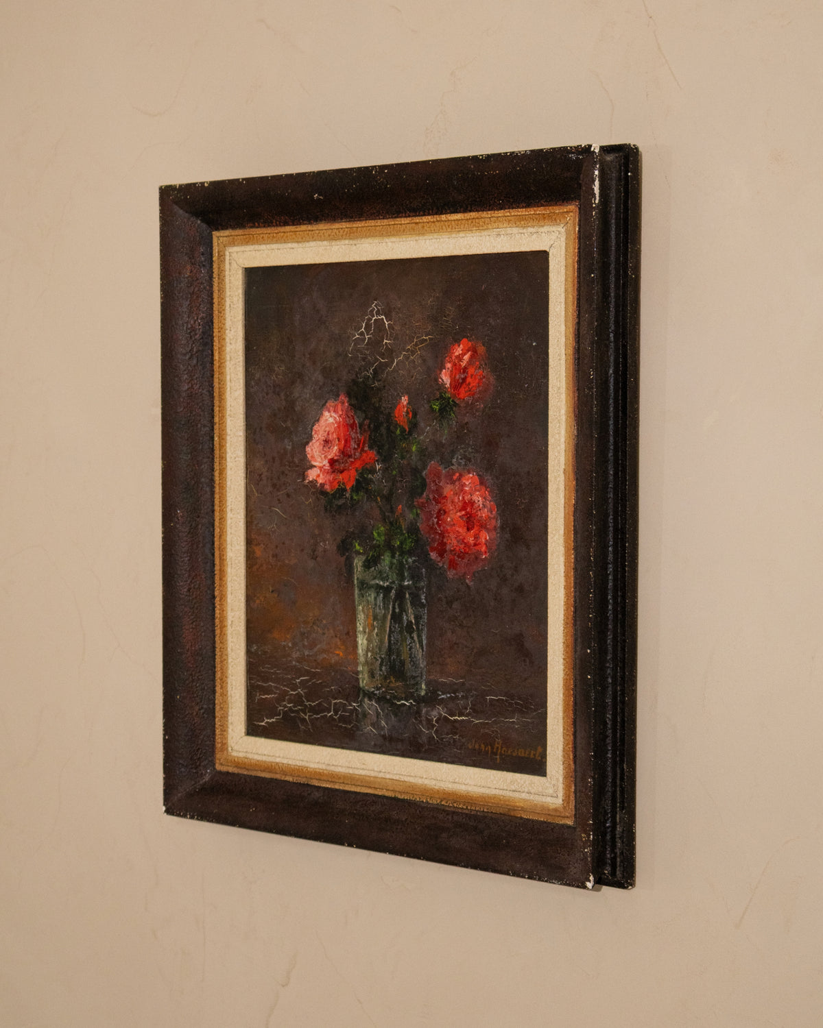 Vintage Dutch Still Life with Red Flowers, Signed
