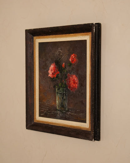 Vintage Dutch Still Life with Red Flowers, Signed