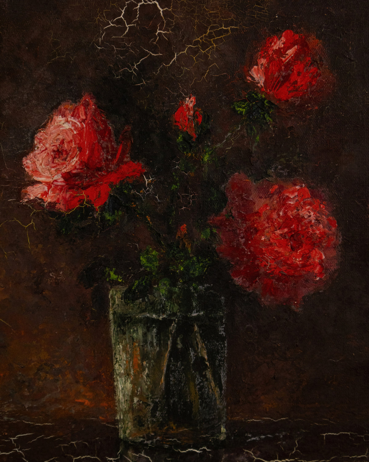 Vintage Dutch Still Life with Red Flowers, Signed