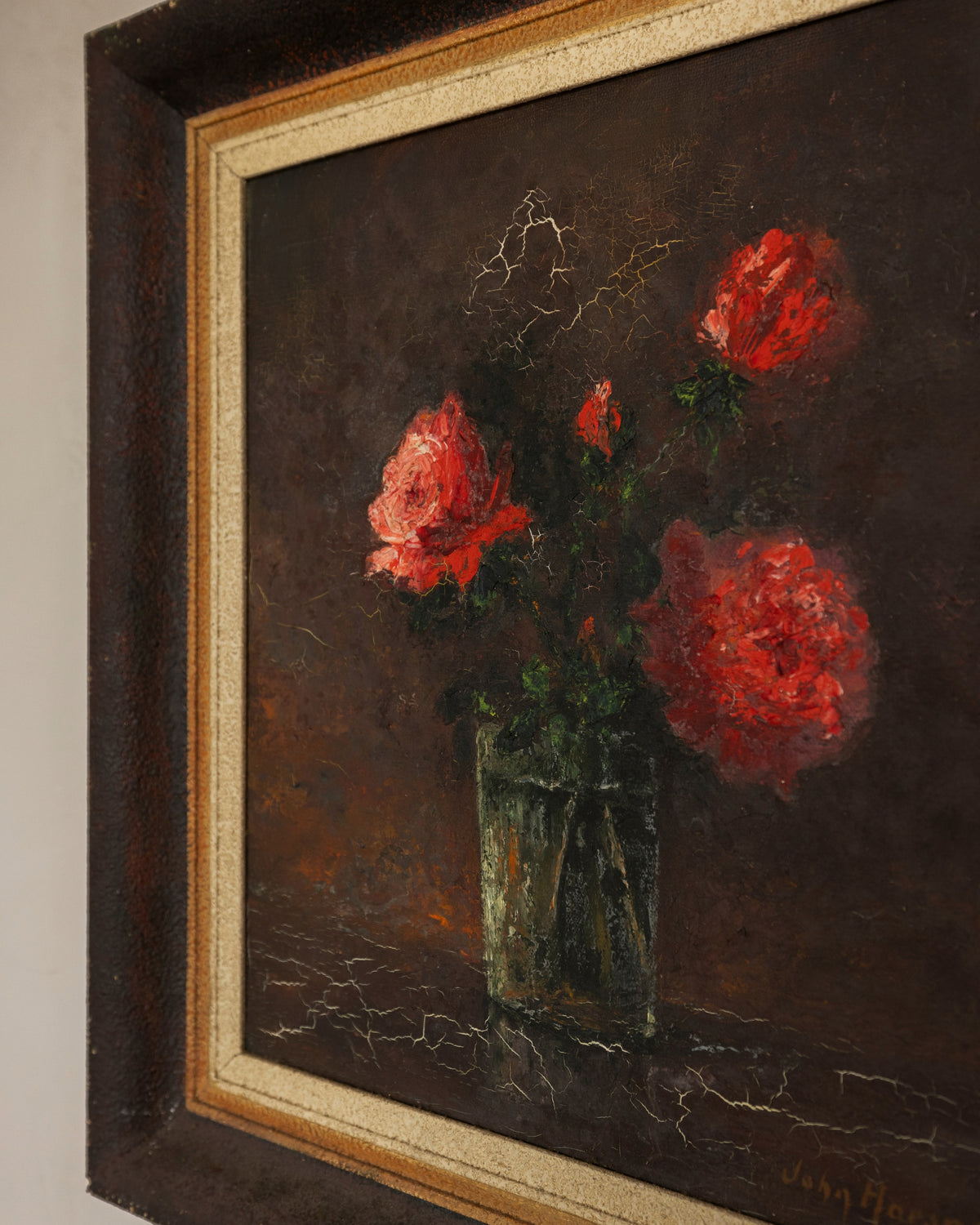 Vintage Dutch Still Life with Red Flowers, Signed