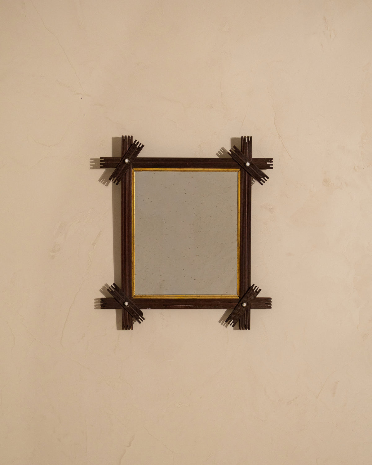 Antique Folk Art Mirror with Crossed Wood Corners