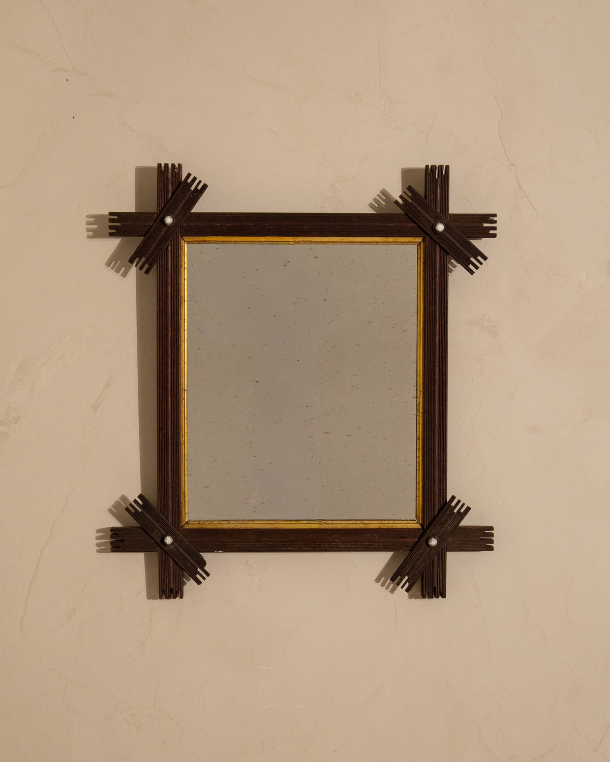 Antique Folk Art Mirror with Crossed Wood Corners