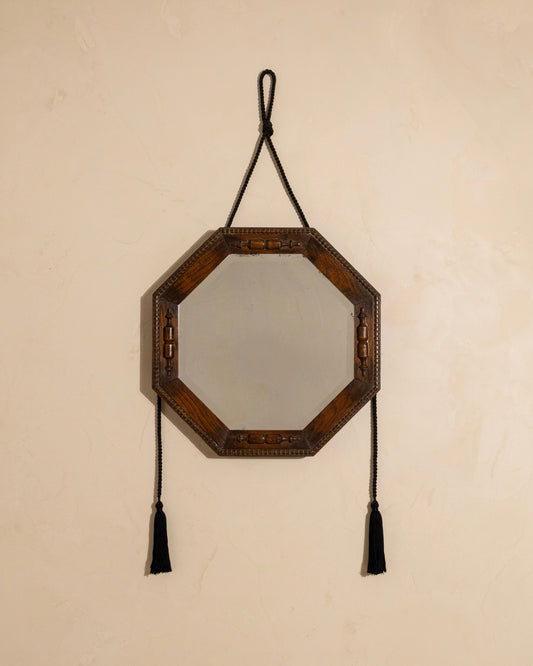 1930s Art Deco Octagonal Wood Mirror with Tassel Cord