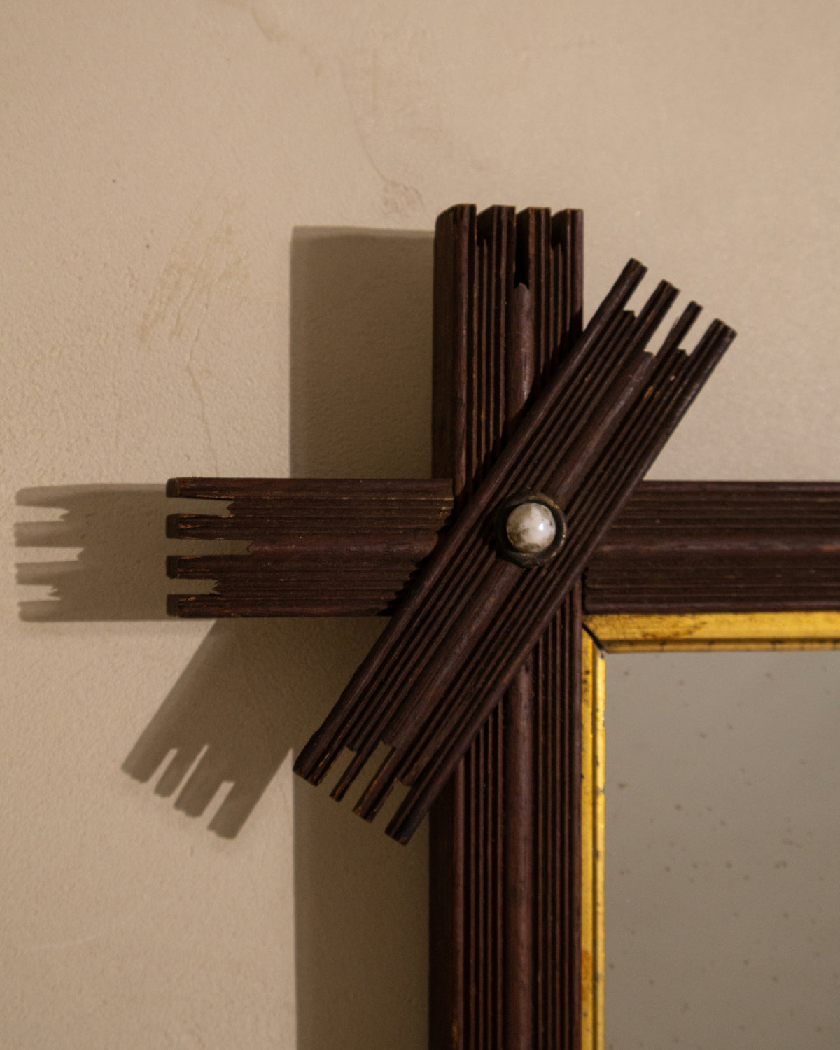 Antique Folk Art Mirror with Crossed Wood Corners