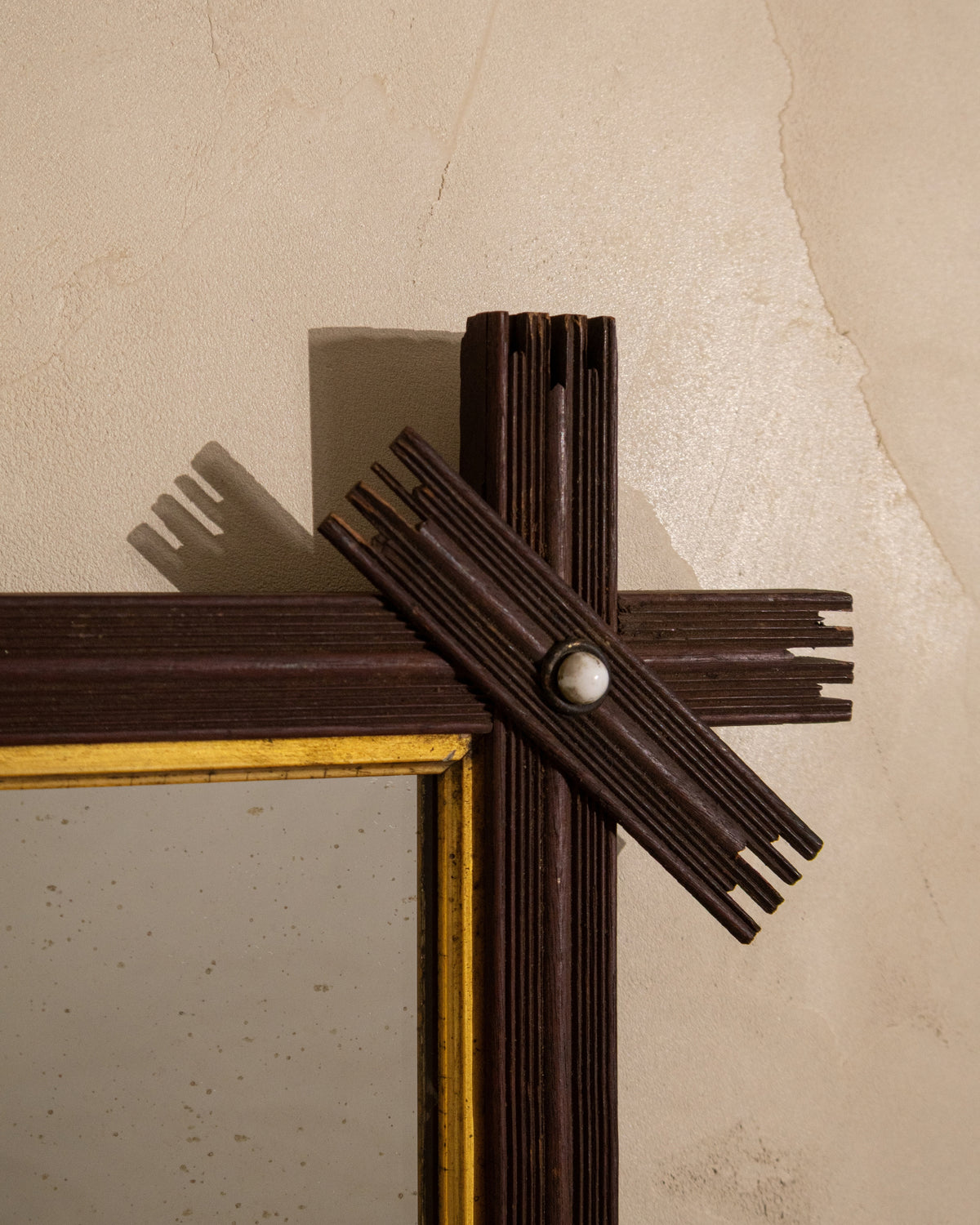 Antique Folk Art Mirror with Crossed Wood Corners