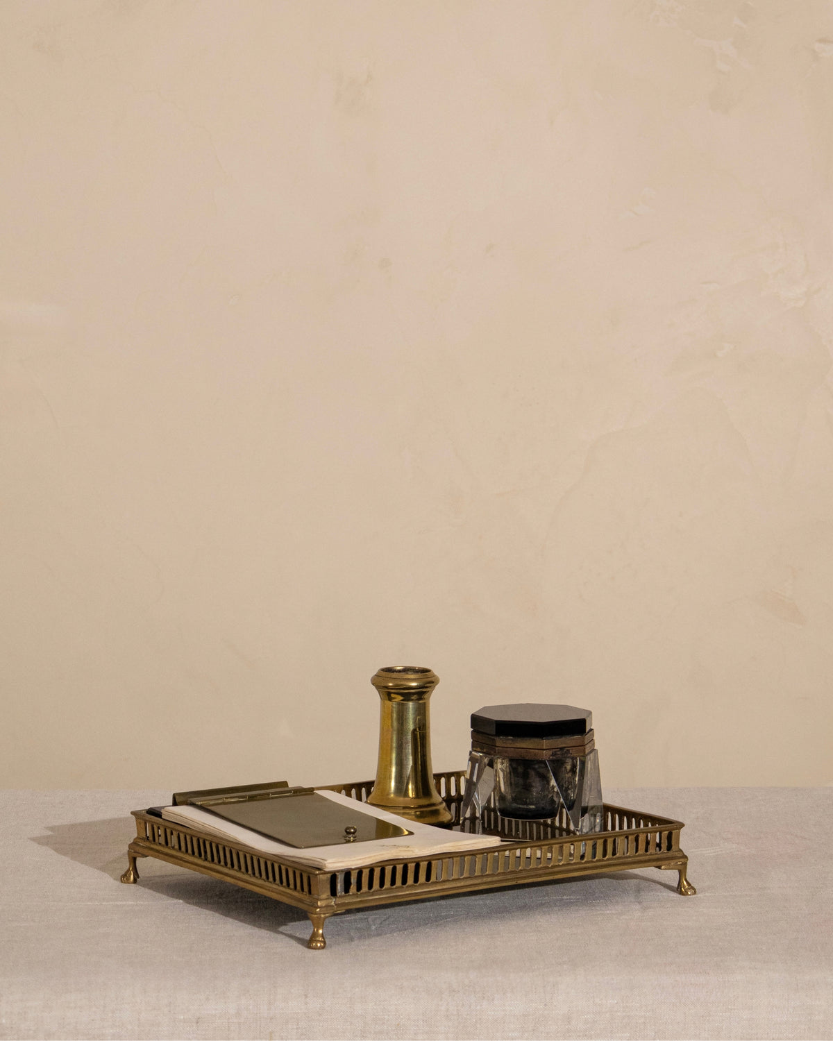 Vintage Brass and Black Glass Desk Set