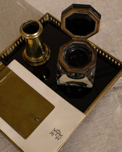Vintage Brass and Black Glass Desk Set