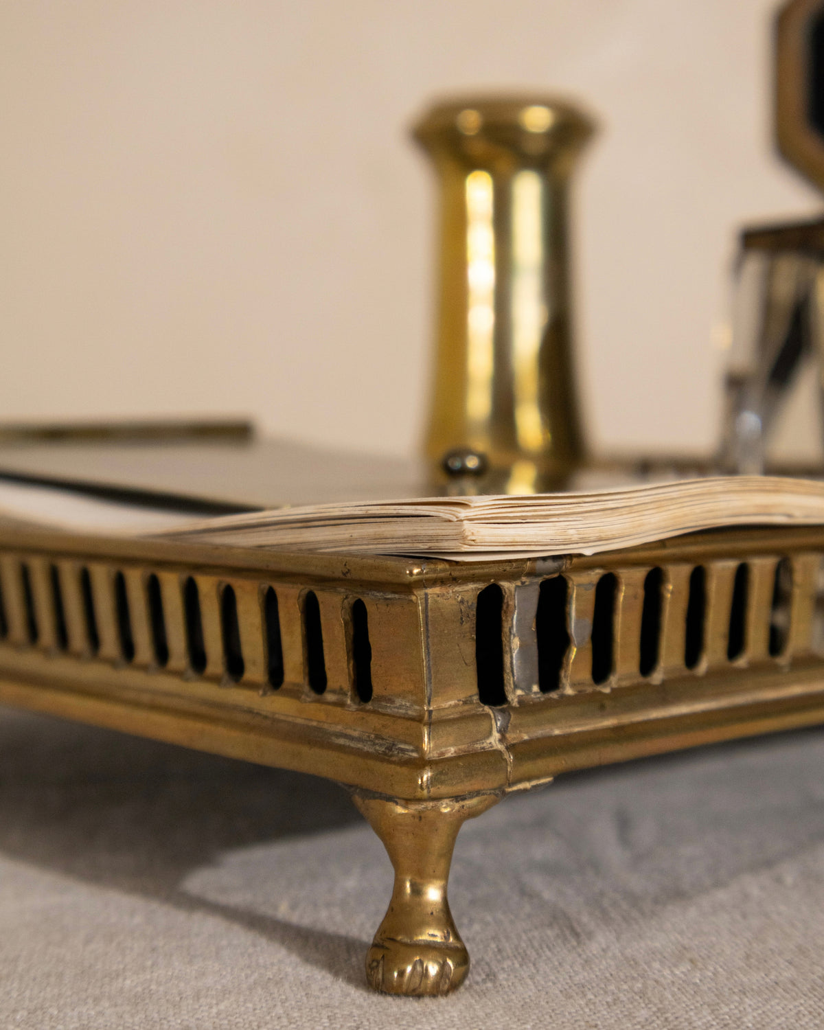 Vintage Brass and Black Glass Desk Set