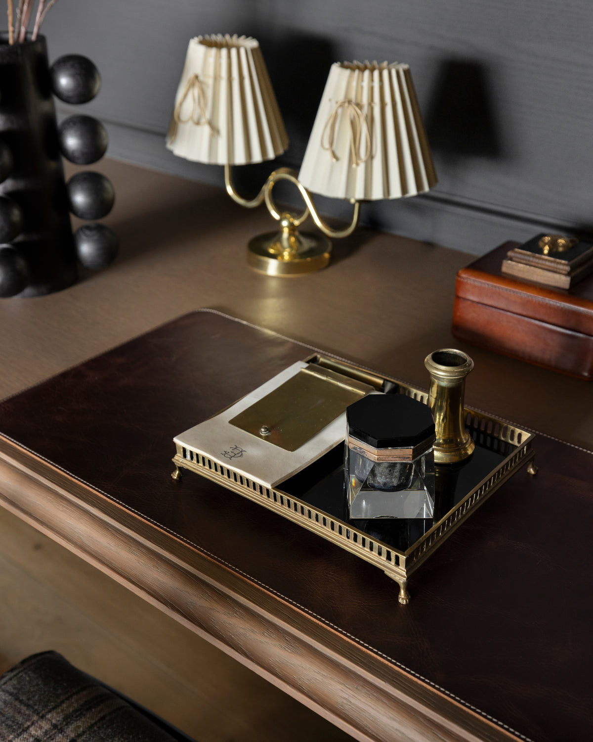 Vintage Brass and Black Glass Desk Set