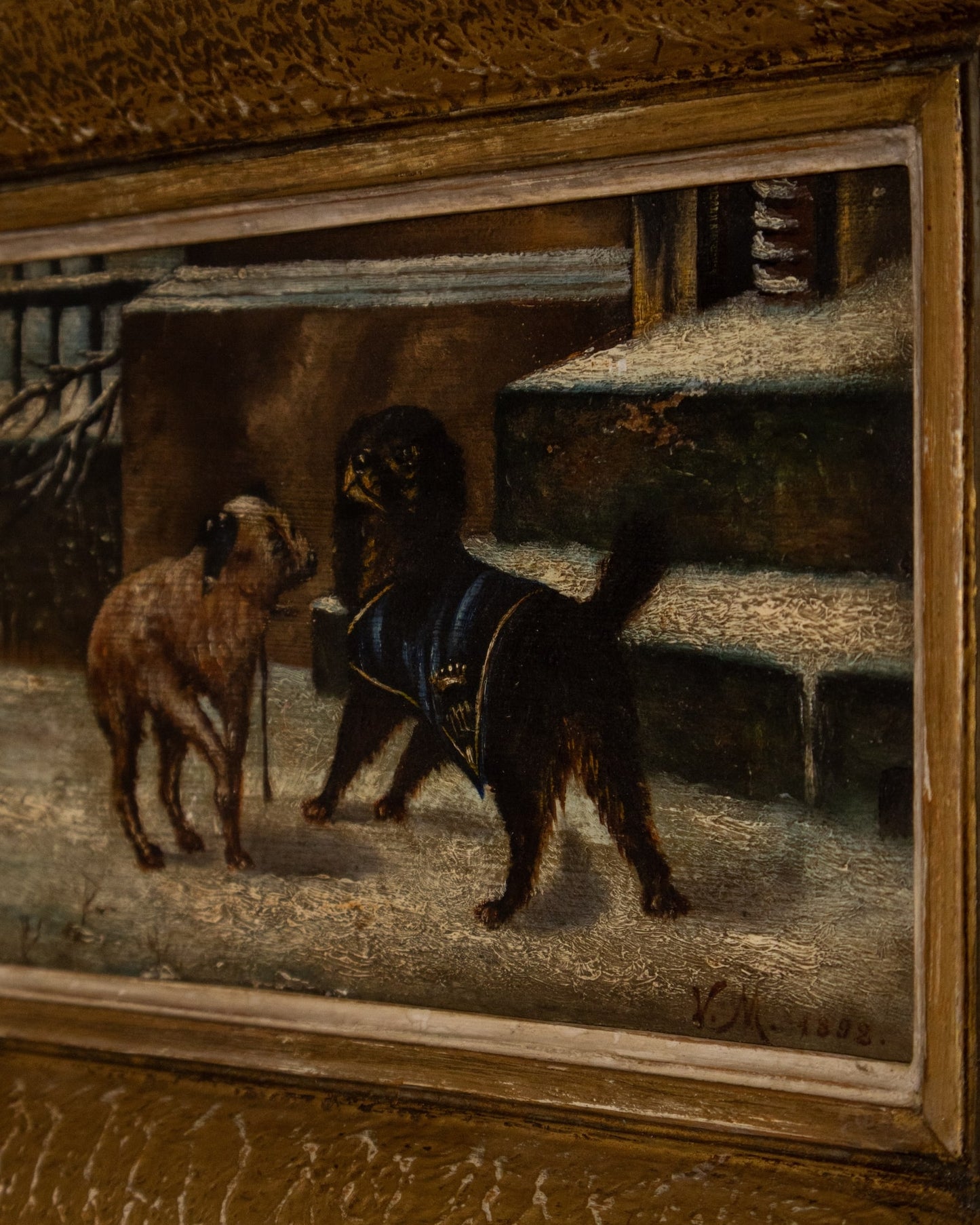 19th Century Framed Oil Painting of Two Dogs