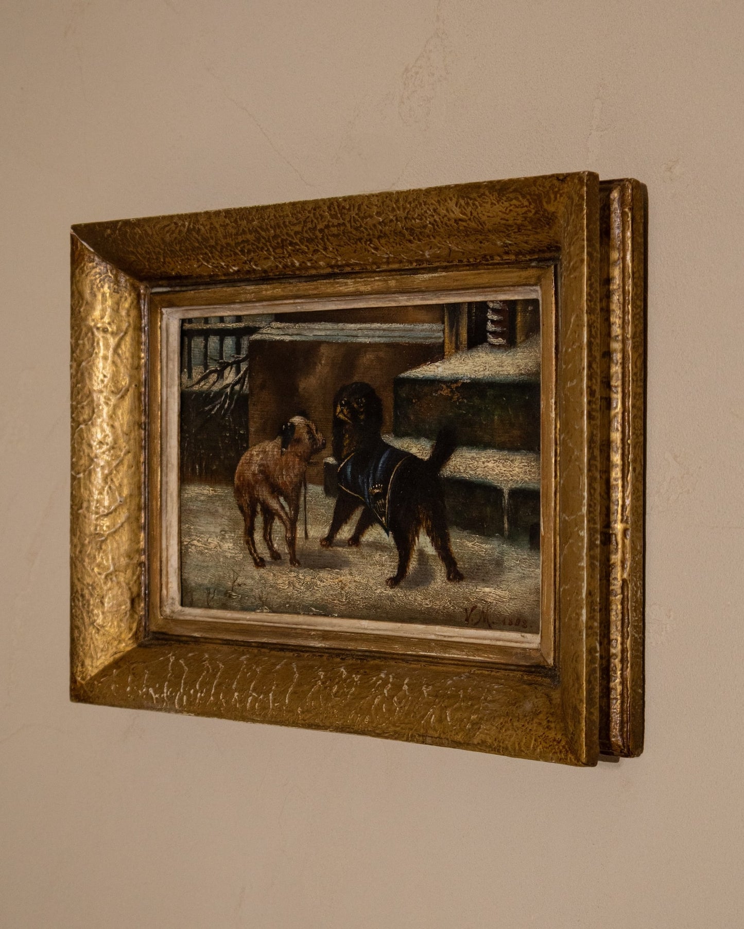 19th Century Framed Oil Painting of Two Dogs