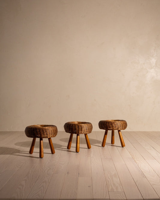 20th Century Tony Paul Rattan Fireside Stools (Sold Individually)