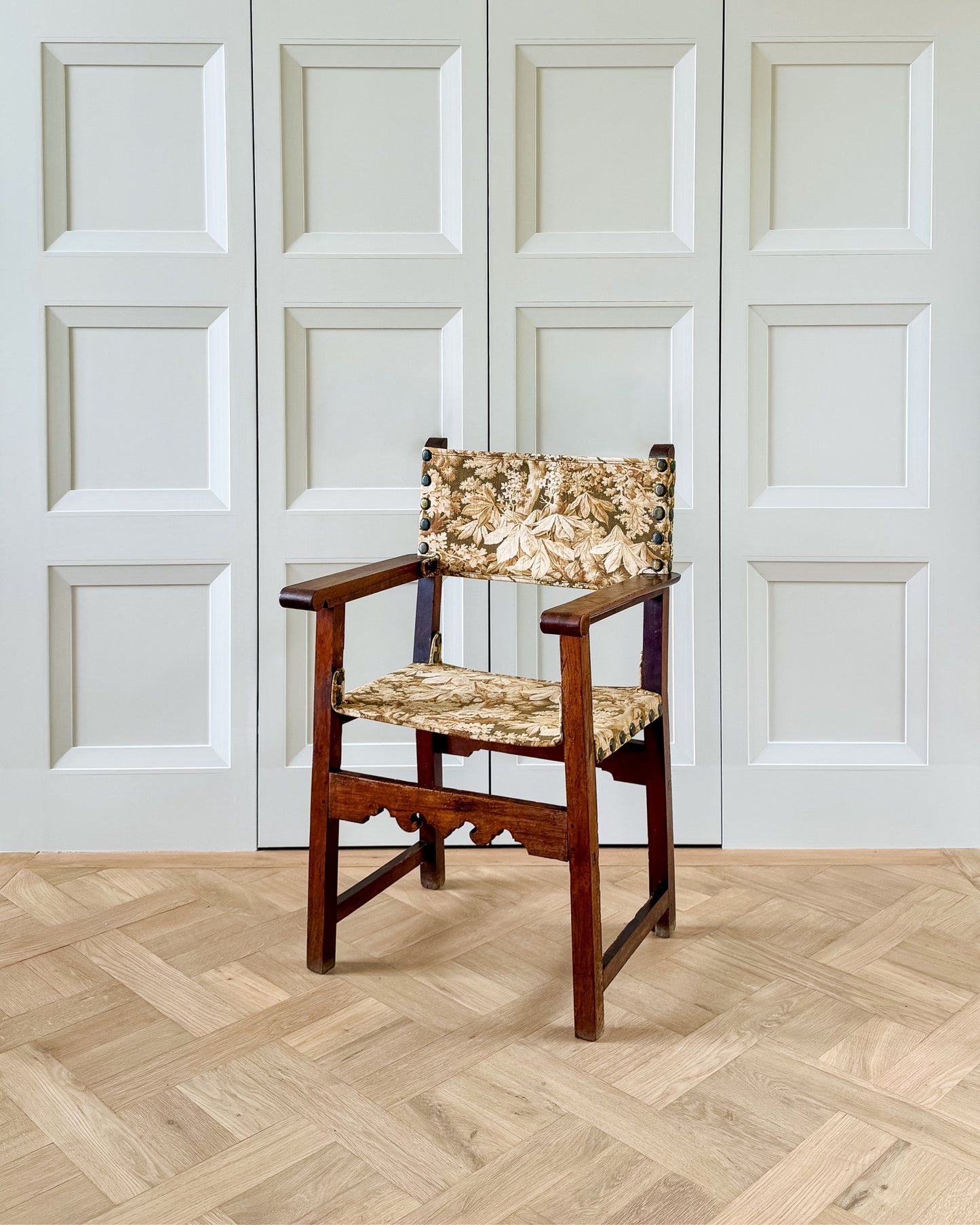 Early 19th Century Spanish Walnut Armchair with Antique French Textile