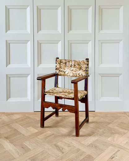 Early 19th Century Spanish Walnut Armchair with Antique French Textile