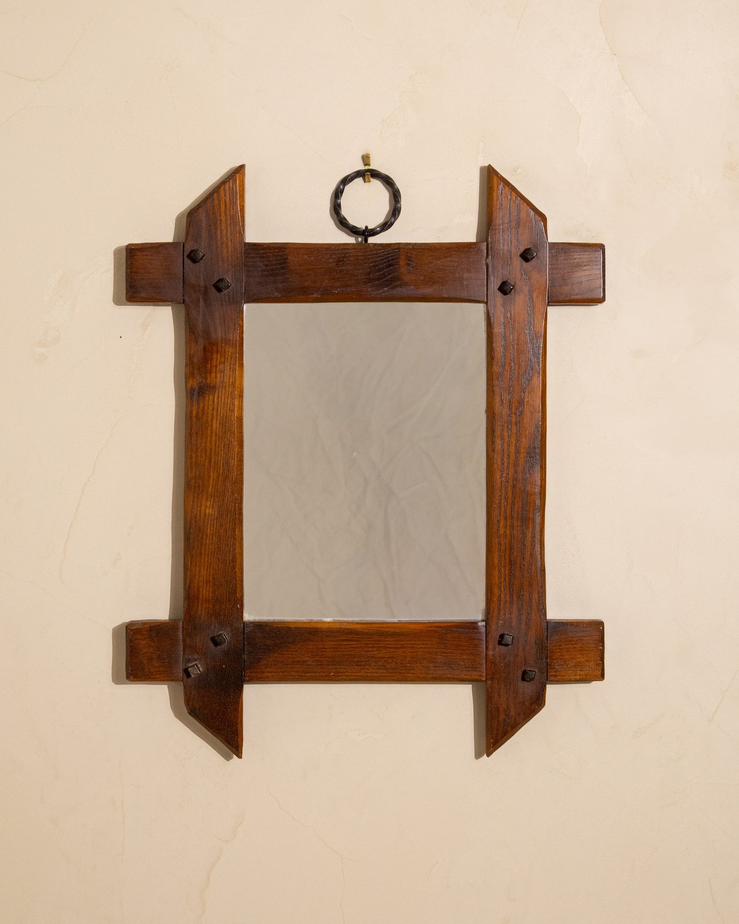 French Oak Mirror with Twisted Iron Ring