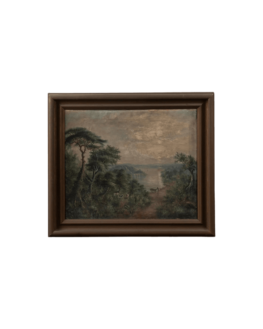 19th Century Original Swedish Oil on Canvas Landscape With Forest and Lake